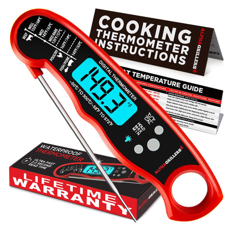 Alpha Grillers digital meat thermometer with instant-read probe for precise doneness.