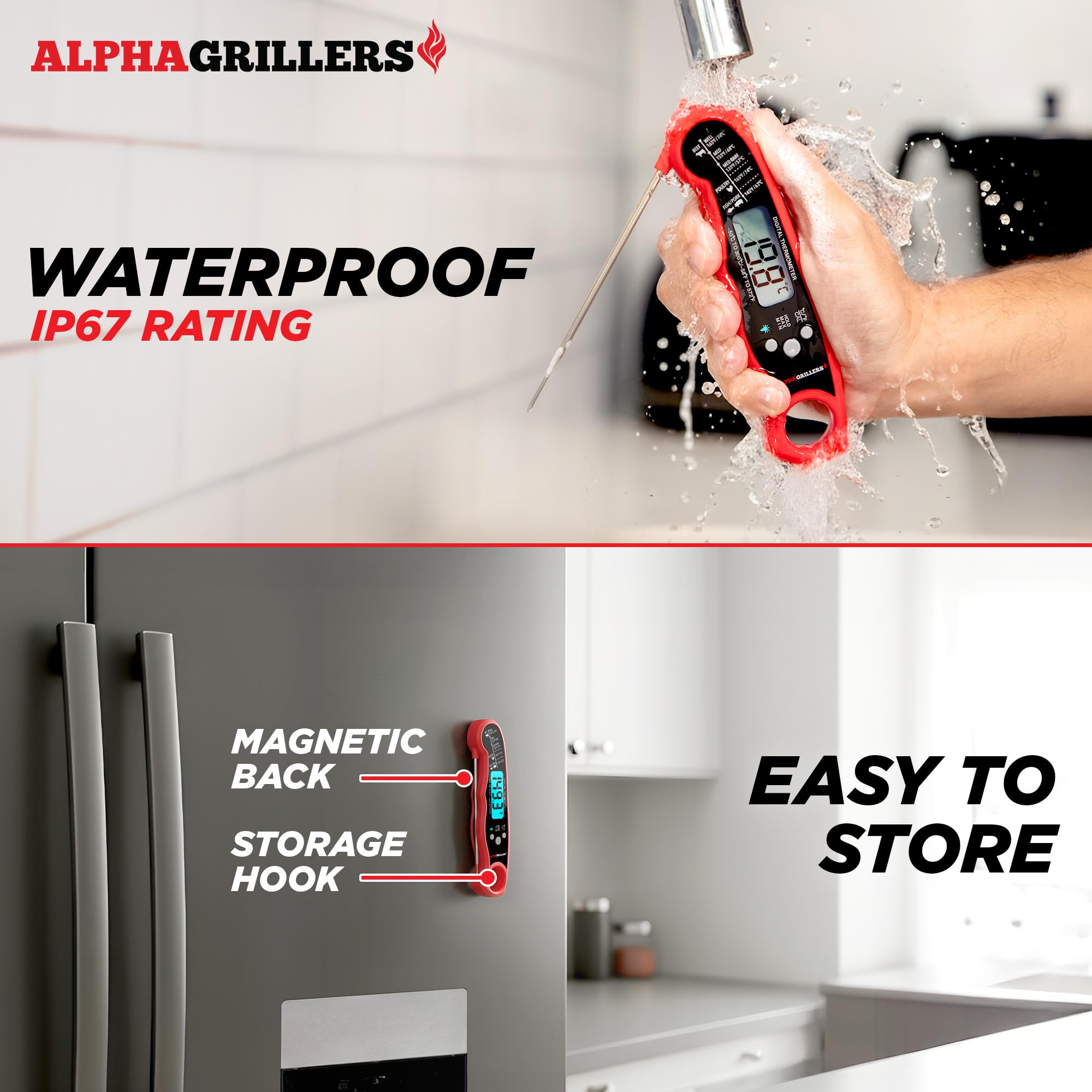 Alpha Grillers thermometer shown on kitchen counter for versatile cooking.