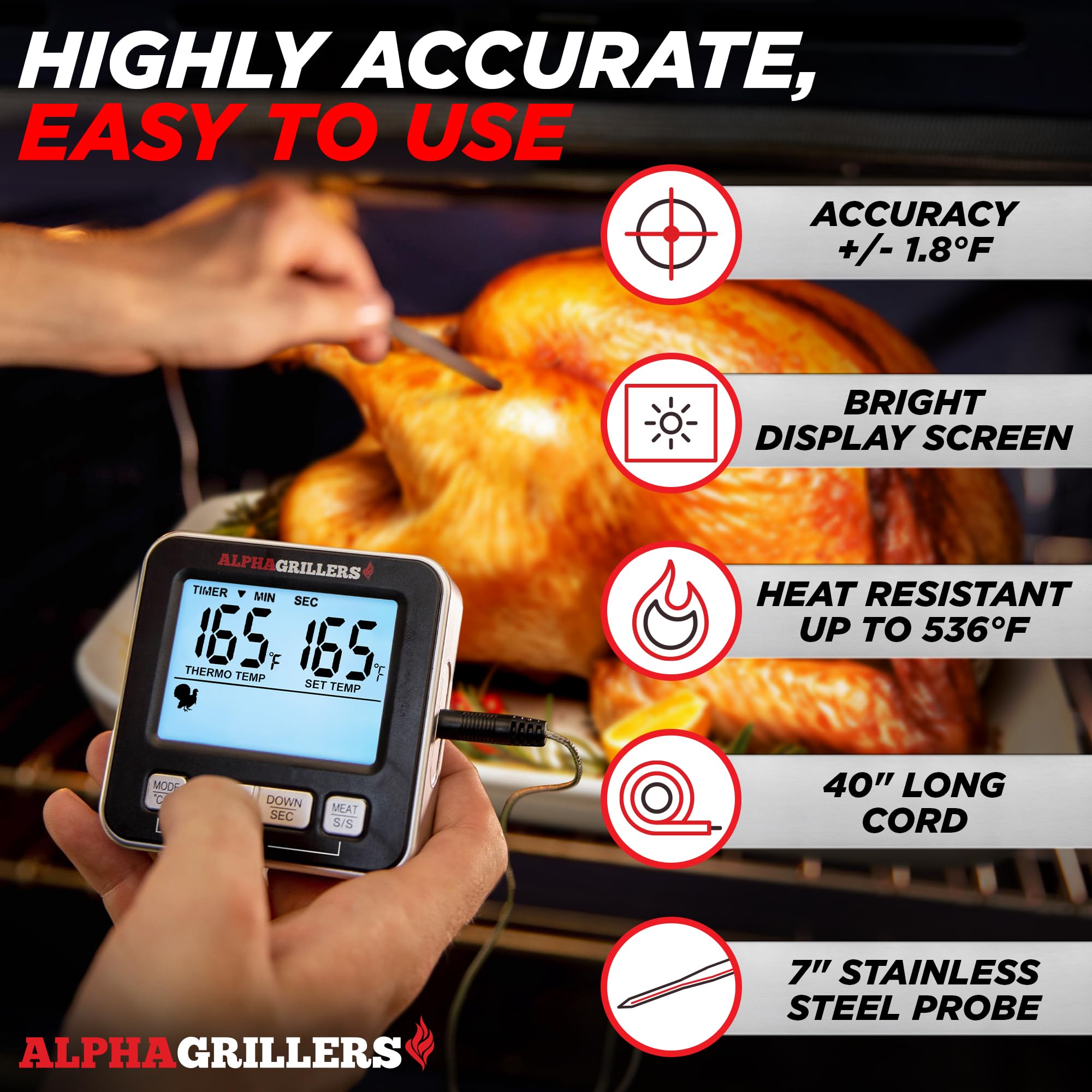 Alpha Grillers oven-safe probe in stainless steel with high-heat durability.