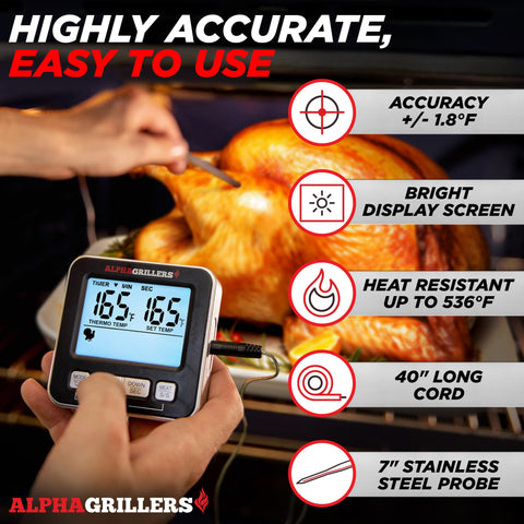 Alpha Grillers oven-safe probe in stainless steel with high-heat durability.