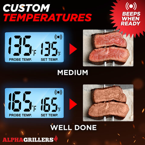 Alpha Grillers timer and alarm mode helps you track doneness.
