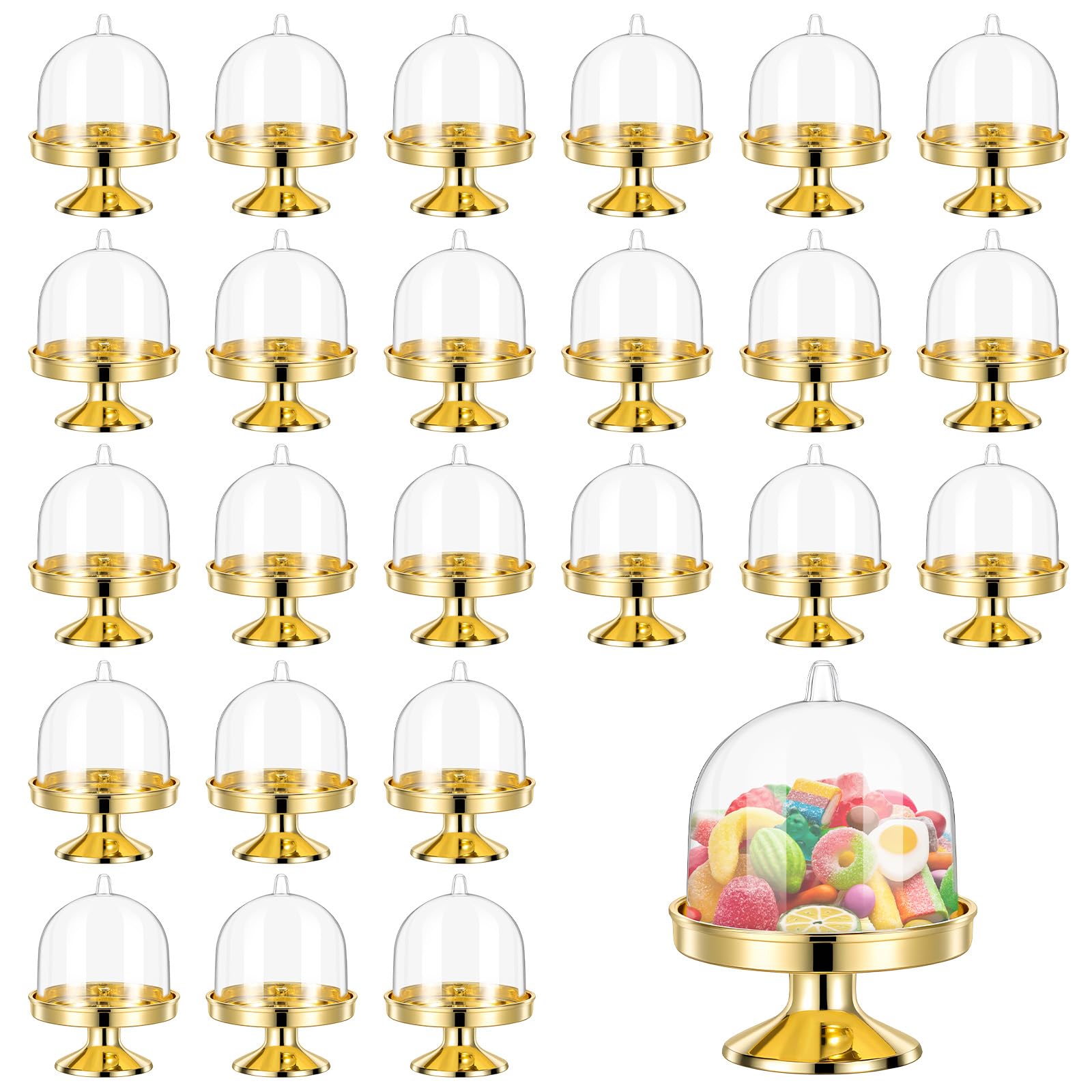 Alrhso mini cake stand with lid in gold ideal for cupcakes display at events.