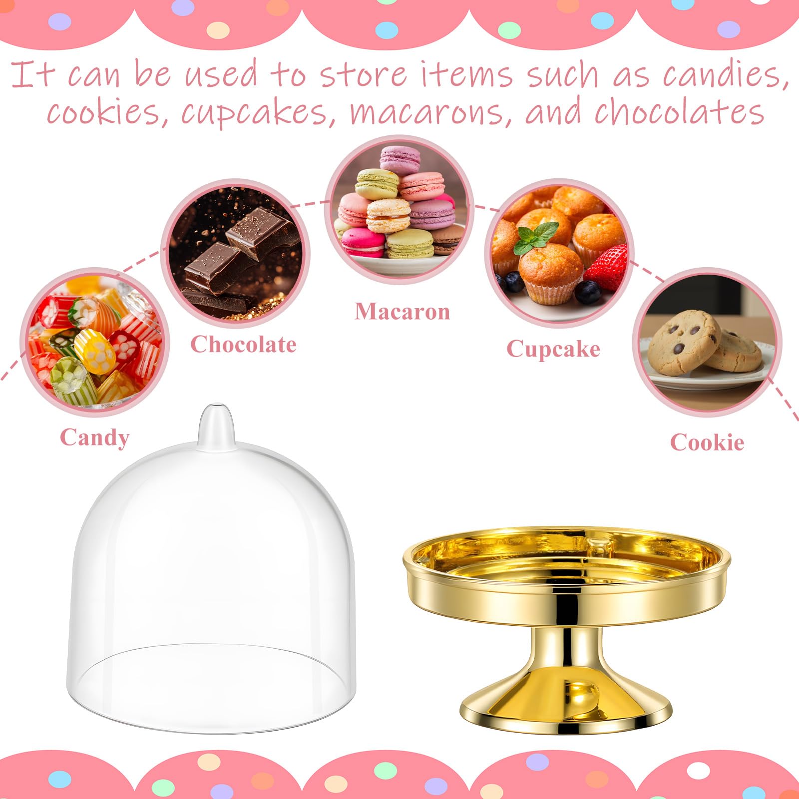 Alrhso mini cake stand with lid showcases small desserts elegantly.