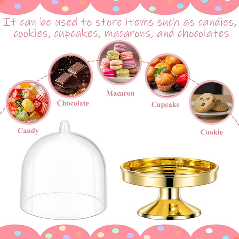 Alrhso mini cake stand with lid showcases small desserts elegantly.