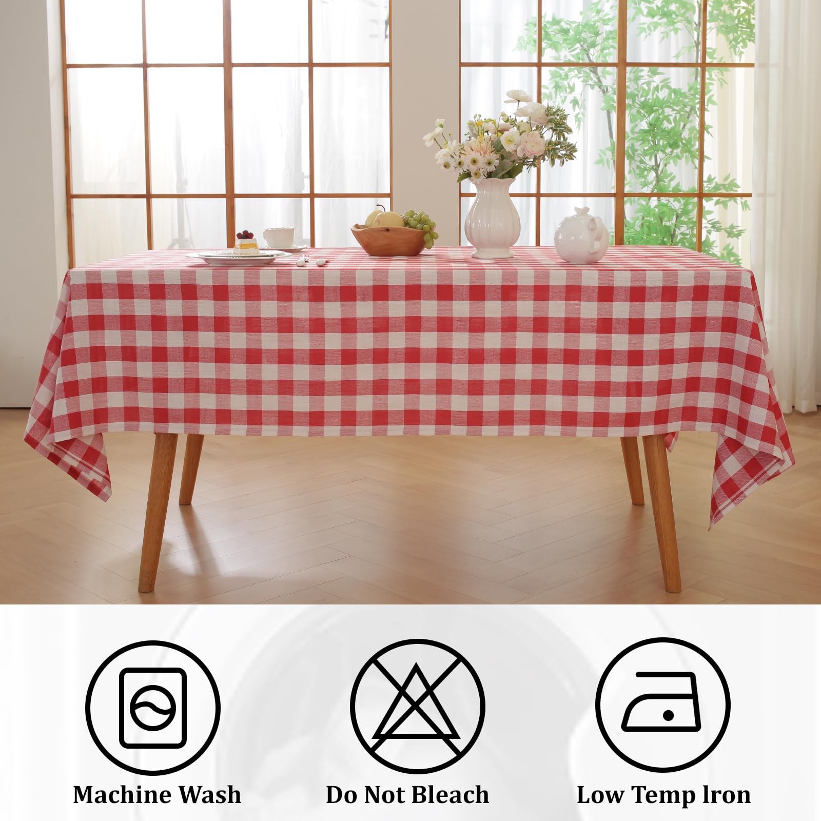Edge fringe detail on Alsoo plaid tablecloth adds rustic charm