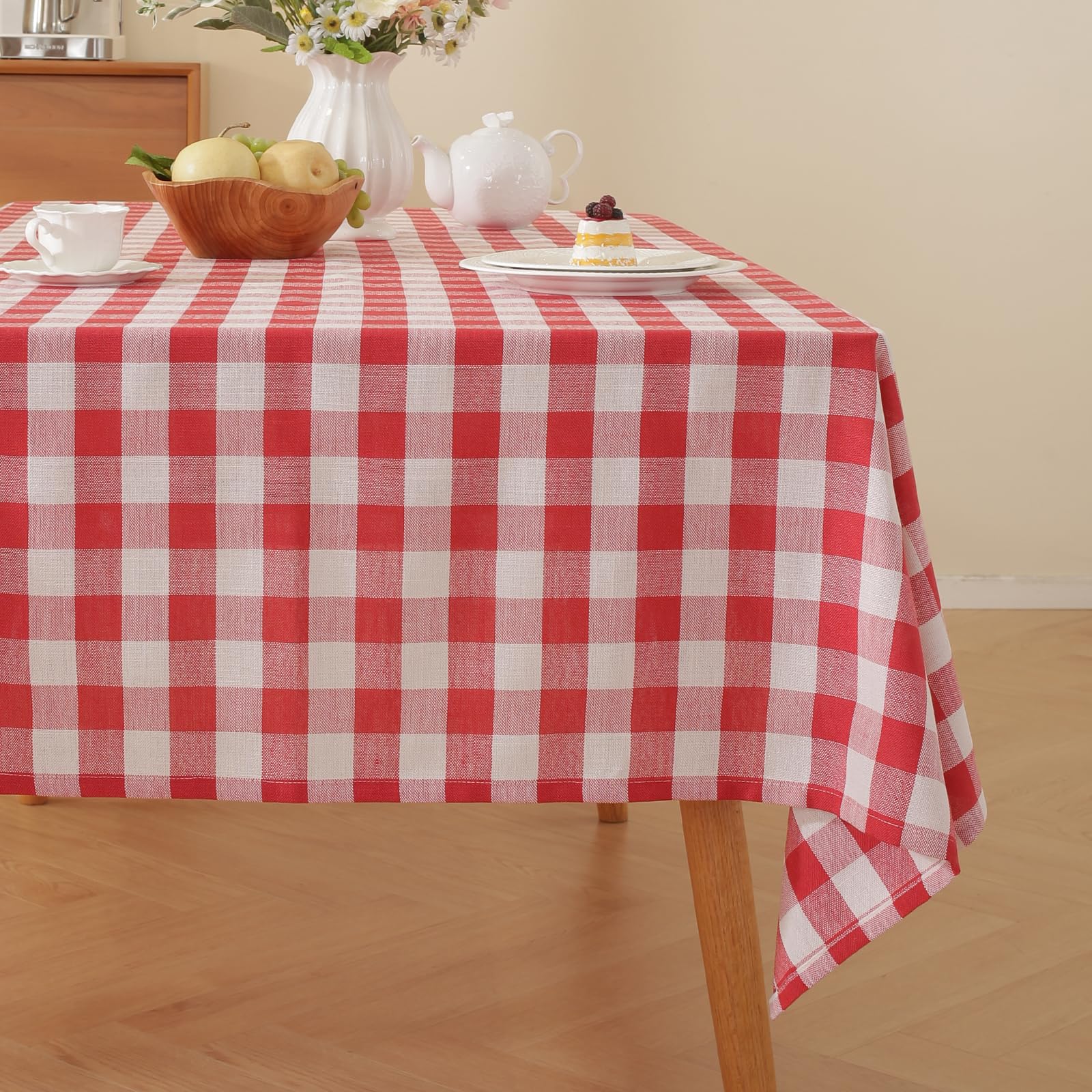Alsoo Gingham tablecloth top view in red and white for cozy family meals
