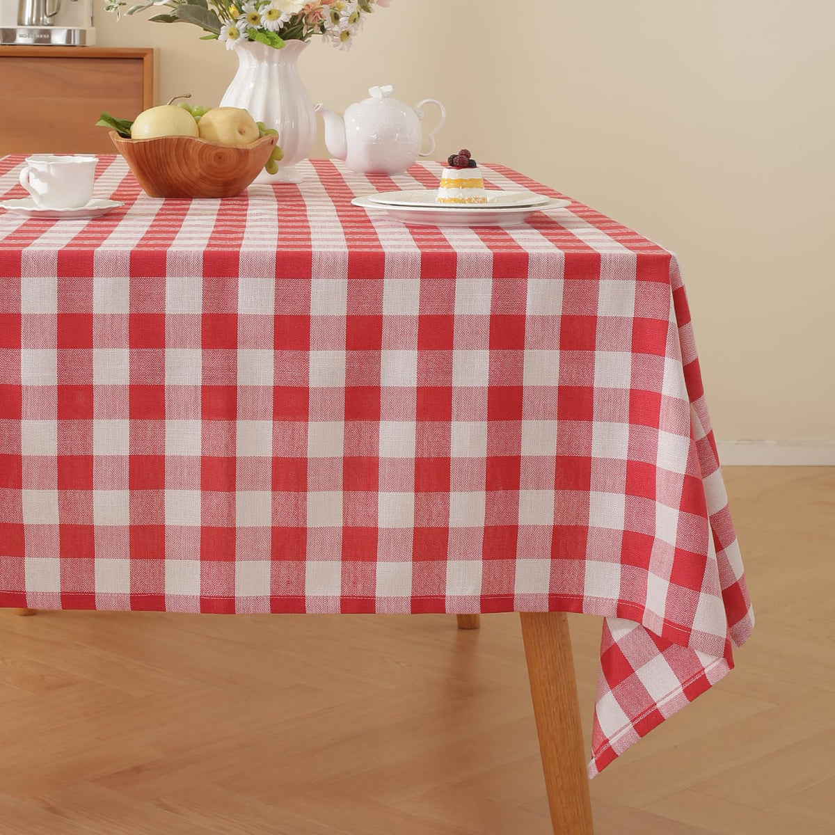 Alsoo Gingham tablecloth top view in red and white for cozy family meals