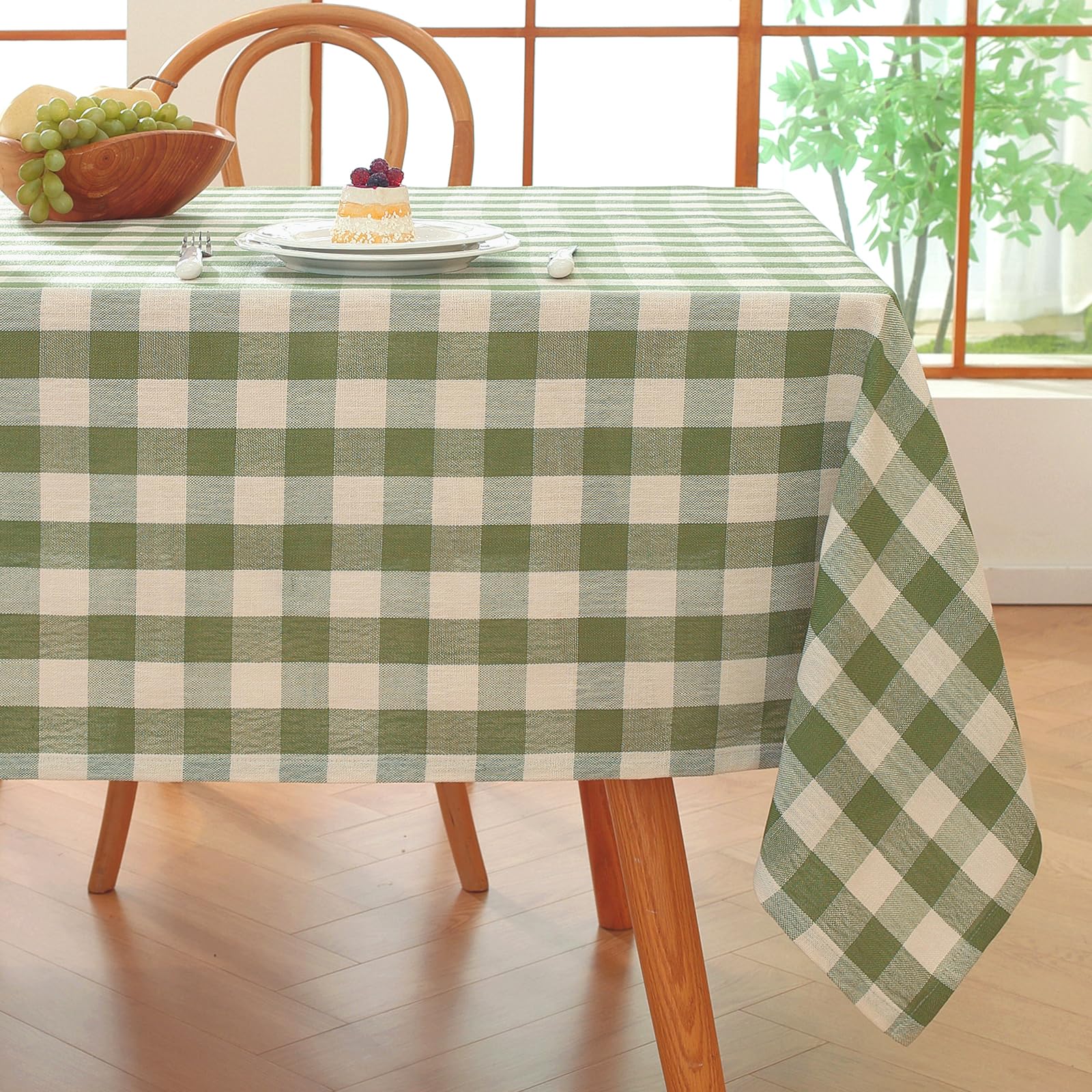 Alsoo Gingham tablecloth close-up shows soft cotton-linen weave for elegant dining.