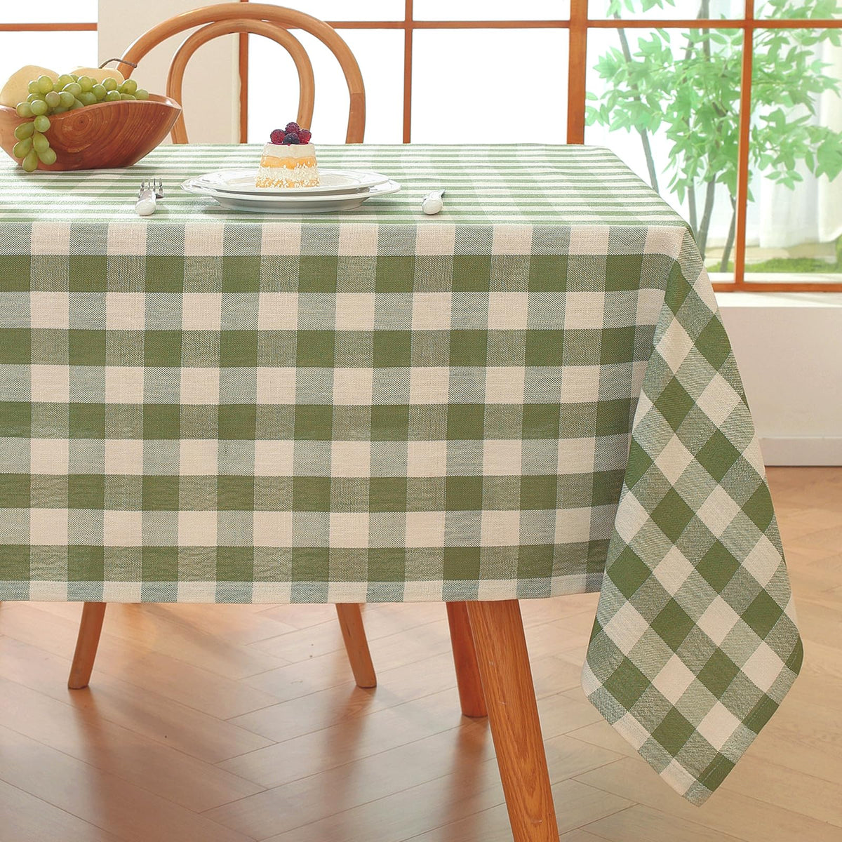 Alsoo Gingham tablecloth close-up shows soft cotton-linen weave for elegant dining.