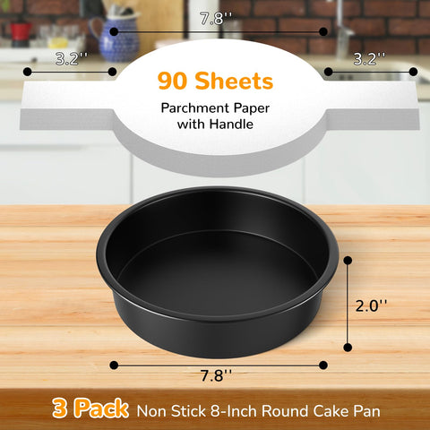 AltarreT 8-inch round cake pans stacked for compact storage and space efficiency.