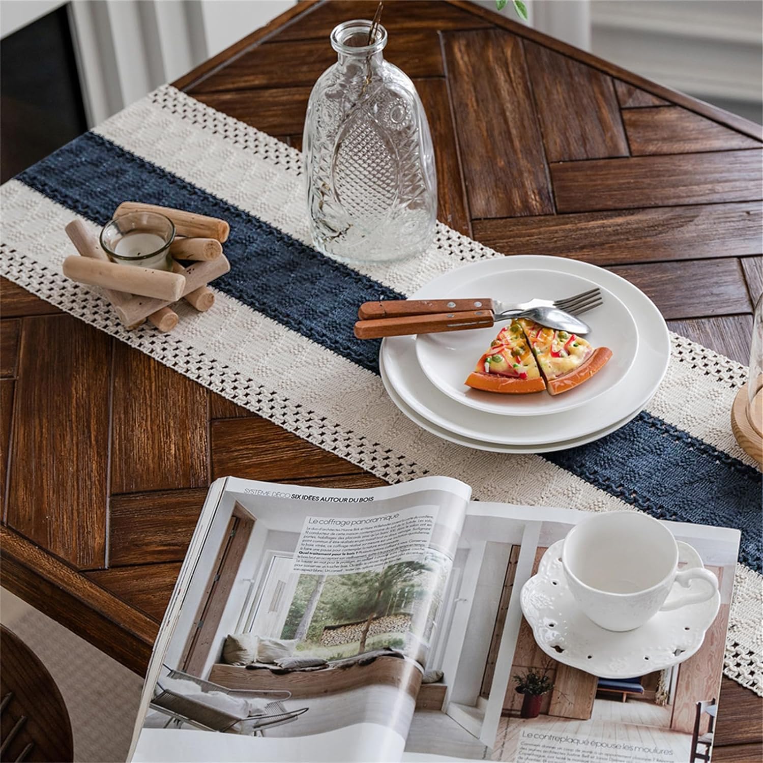 Alynsehom boho table runner, natural cotton, 12x71 inches, ideal for casual dining or festive occasions.