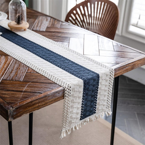 Alynsehom hand-woven table runner in cream beige, soft texture enhances any farmhouse dining scene.