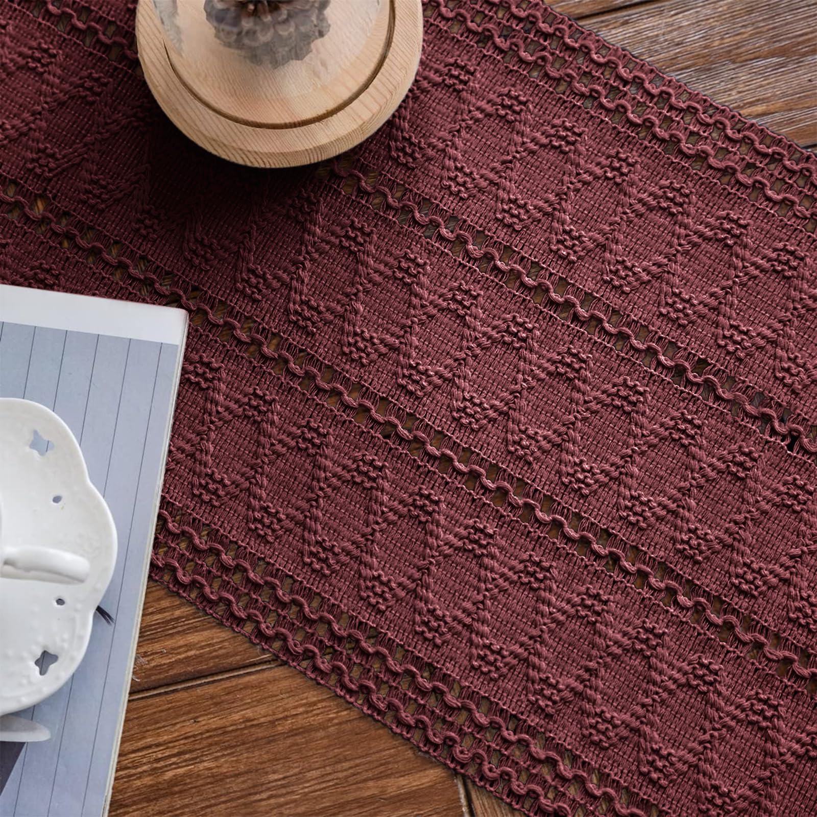Alynsehom handwoven macrame runner offers artisanal detail on meals.