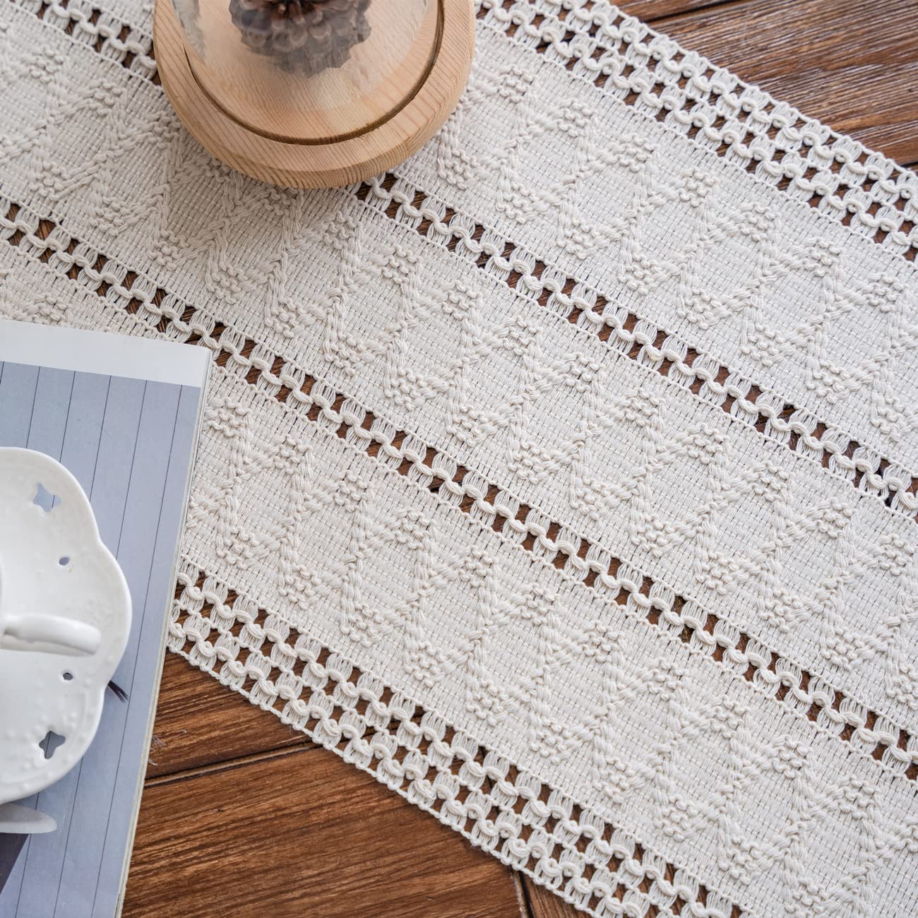 Alynsehom macrame runner in varied spaces enhances daily dining and celebrations.