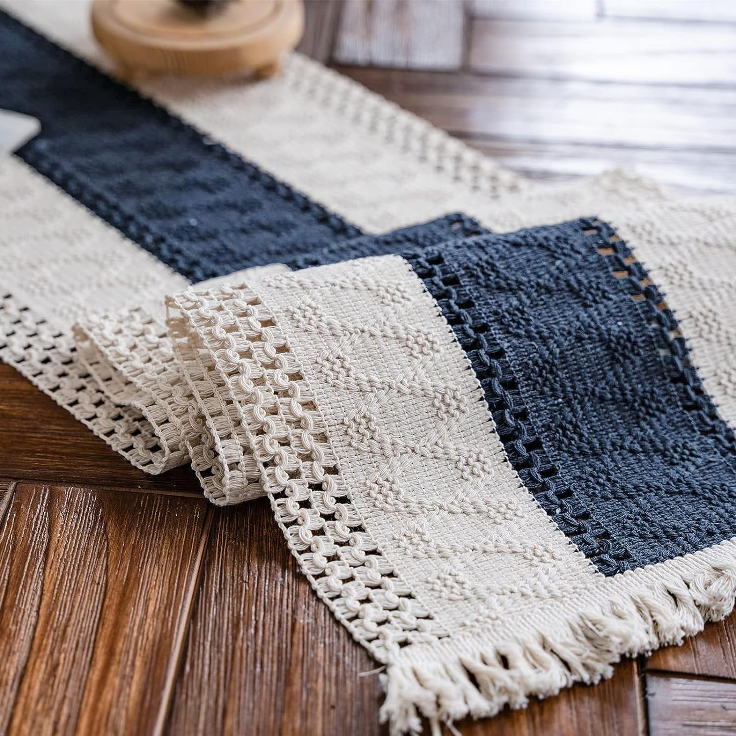 Alynsehom macrame table runner in cream beige with blue tassels, adding boho charm to your table.