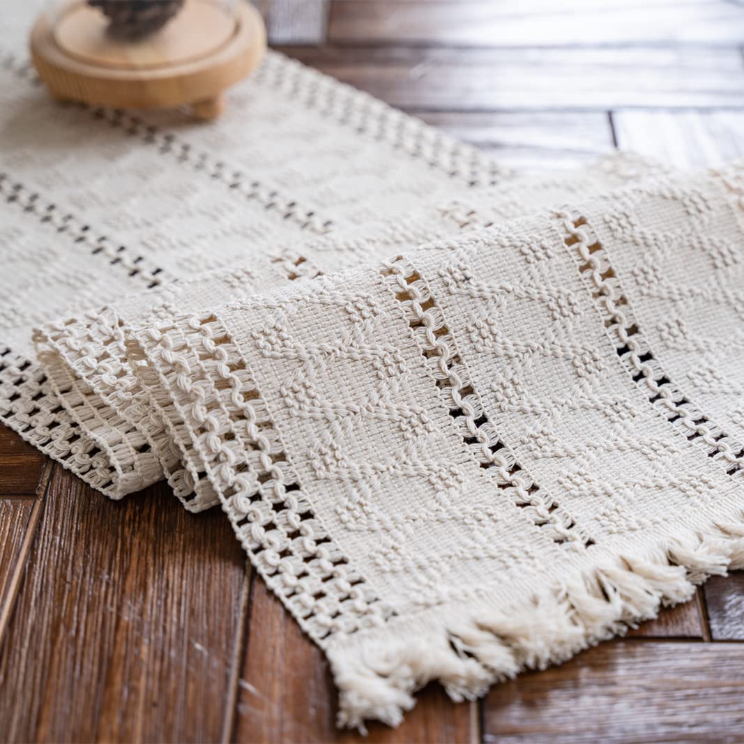 Alynsehom macrame table runner in cream beige elevates dining tables with Boho charm.