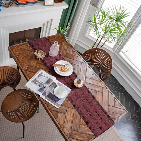 Alynsehom natural cotton burgundy weave adds warm, inviting ambiance.