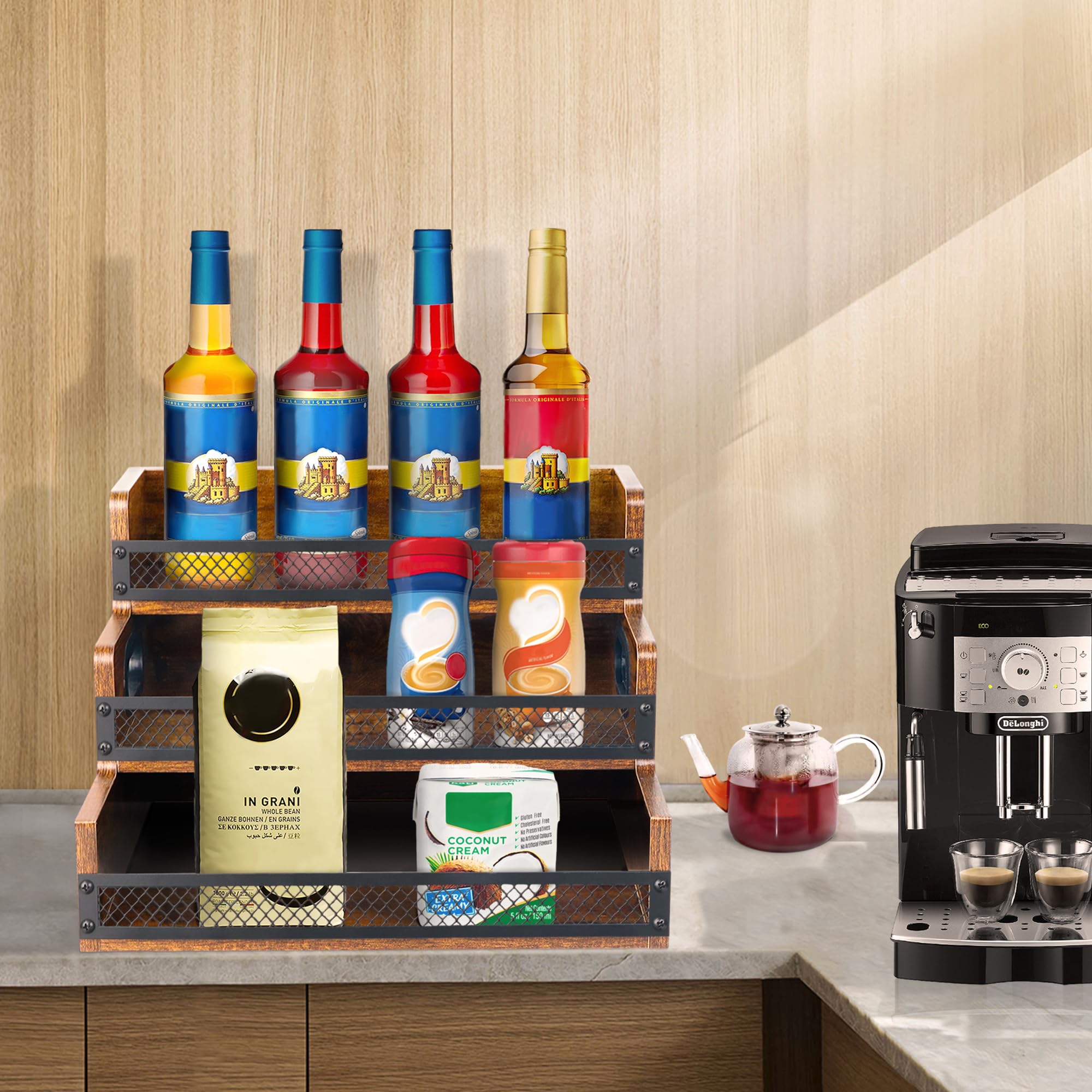 Alyoen 3-tier coffee syrup rack keeps pumps within easy reach and flavors visible.