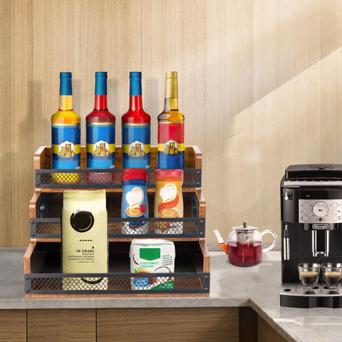 Alyoen 3-tier coffee syrup rack keeps pumps within easy reach and flavors visible.