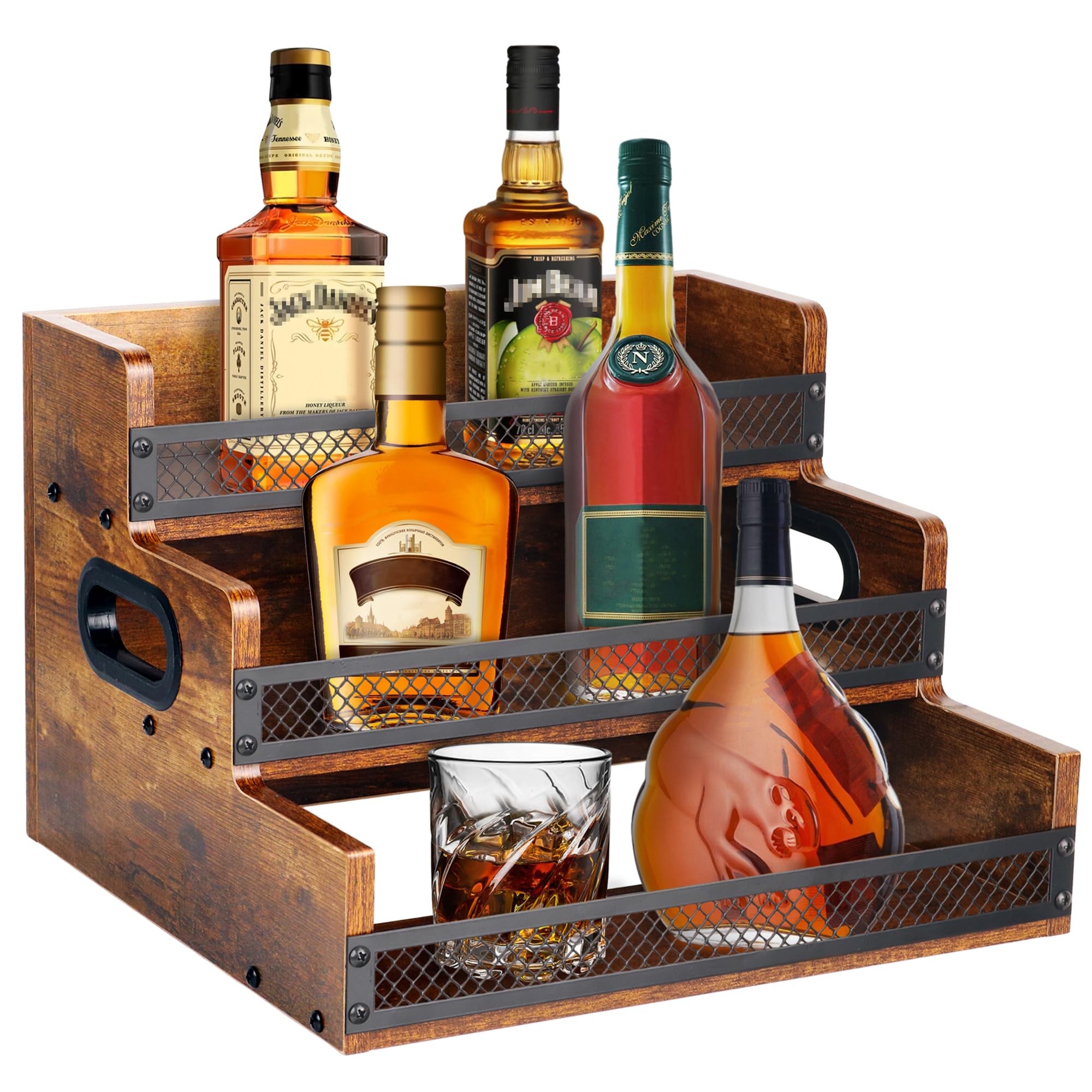 Alyoen liquor bottle display shelf showcasing organized, accessible barware on a stylish retro stand.