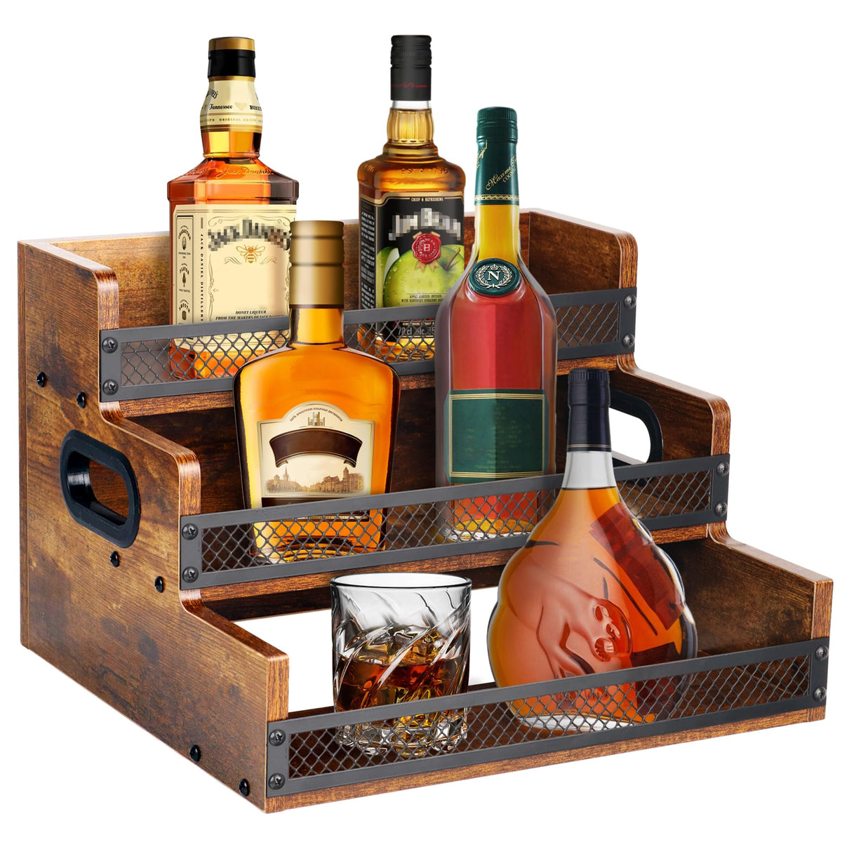 Alyoen liquor bottle display shelf showcasing organized, accessible barware on a stylish retro stand.