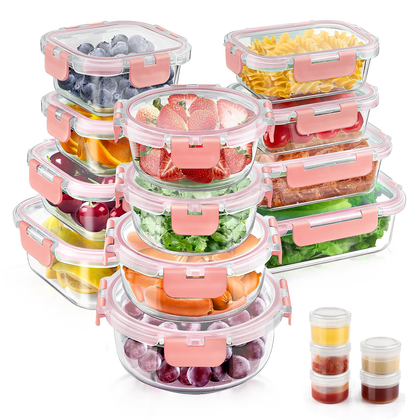 AMALEKO 34-piece glass storage set with lids in pink for organized kitchen storage.