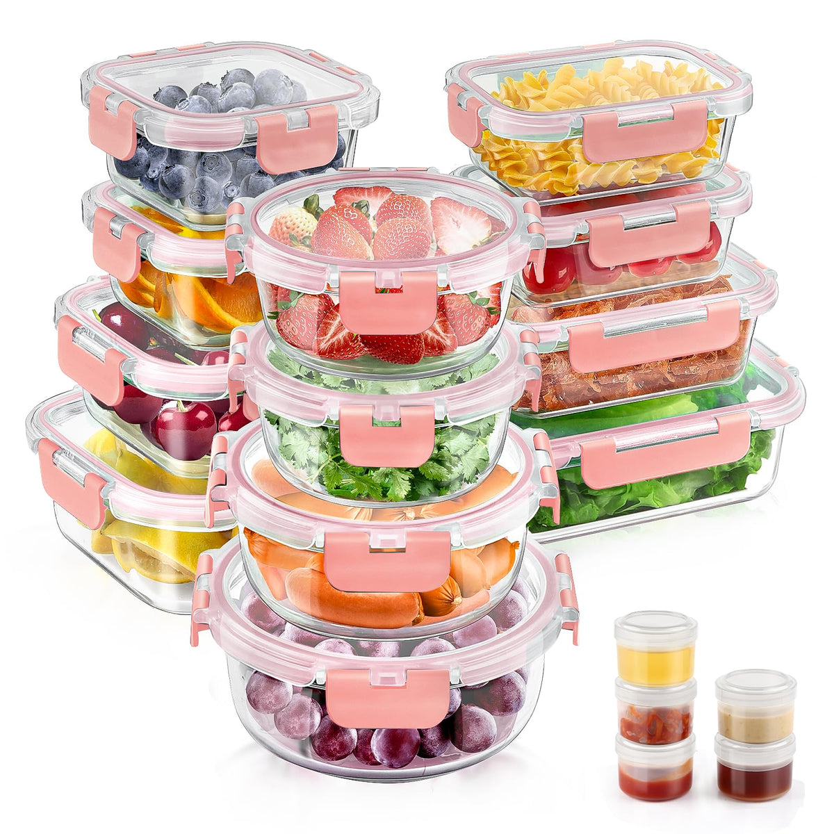 AMALEKO 34-piece glass storage set with lids in pink for organized kitchen storage.