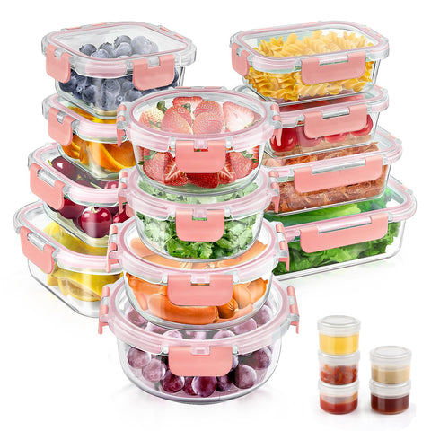 AMALEKO 34-piece glass storage set with lids in pink for organized kitchen storage.