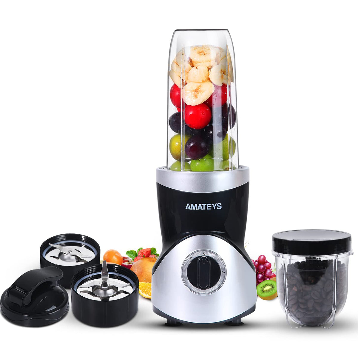 Amateys personal blender front view, compact design ideal for quick smoothies