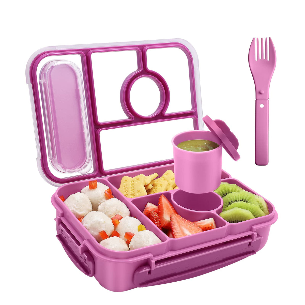 Amathley bento box purple close-up shows five compartments for balanced meals.