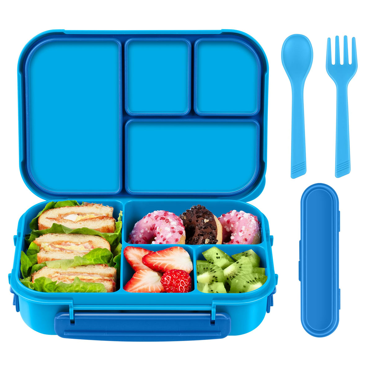 Amathley lunch box blue four-compartment layout for organized meals on the go.