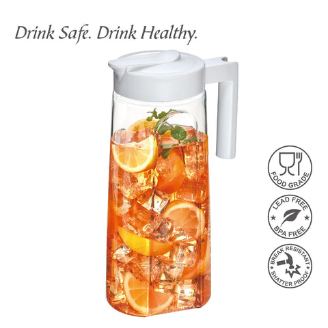 Amazing Abby Slim Tritan Pitcher lid push design for secure, mess-free pouring.