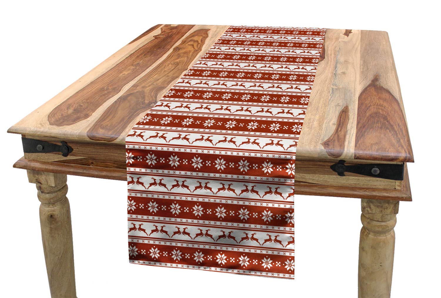 Ambesonne Christmas Table Runner with Norwegian border and reindeer stripes for festive dining decor