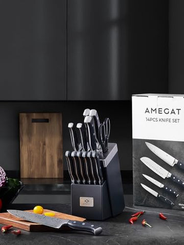 AMEGAT storage block keeps blades organized with built-in sharpener.