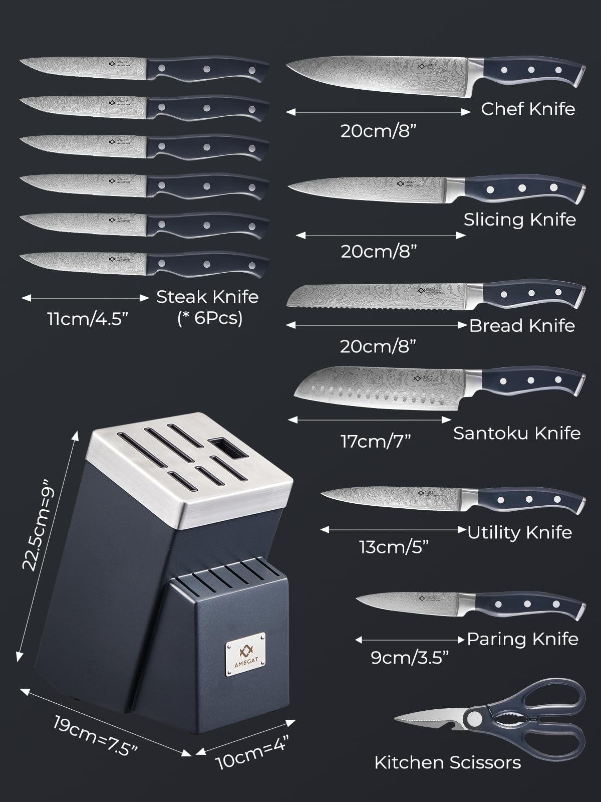 AMEGAT waved blade pattern knife close-up showing elegant design and precision.