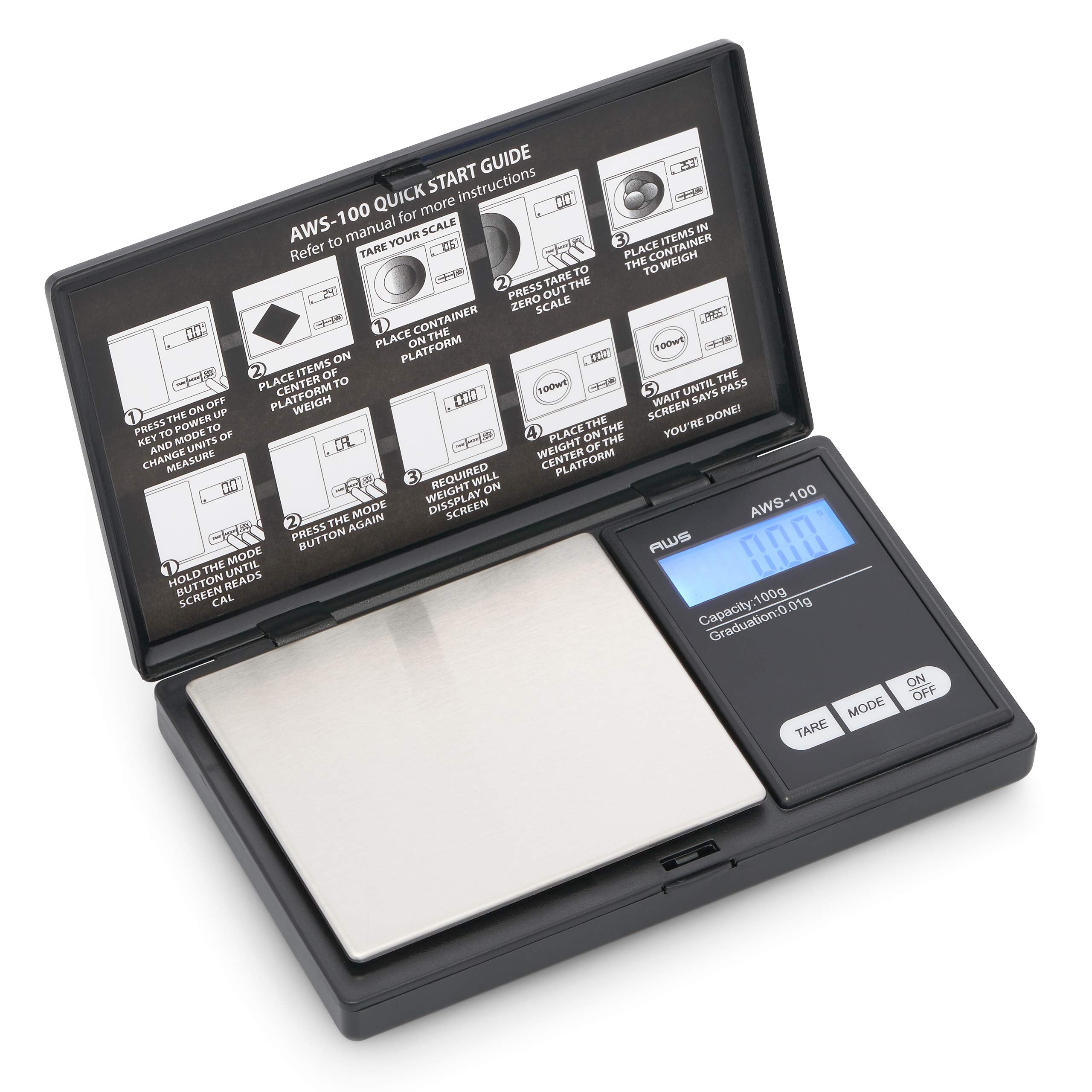 AWS-100 black backlit LCD: precise 100g x 0.01g readings at a glance.