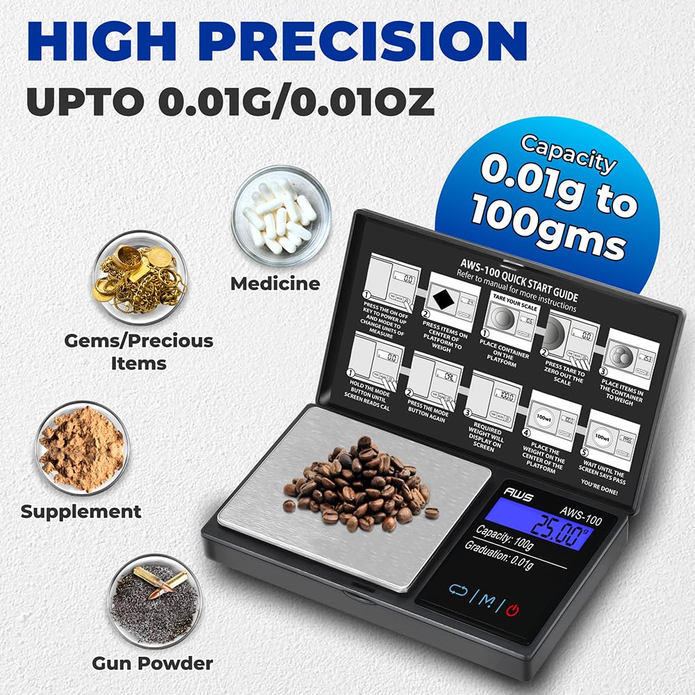 AWS-100 black pocket scale: ideal for jewelry, coins, and gemstones weighing.
