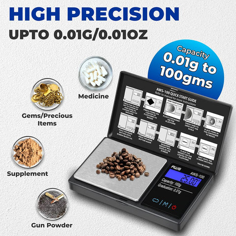 AWS-100 black pocket scale: ideal for jewelry, coins, and gemstones weighing.