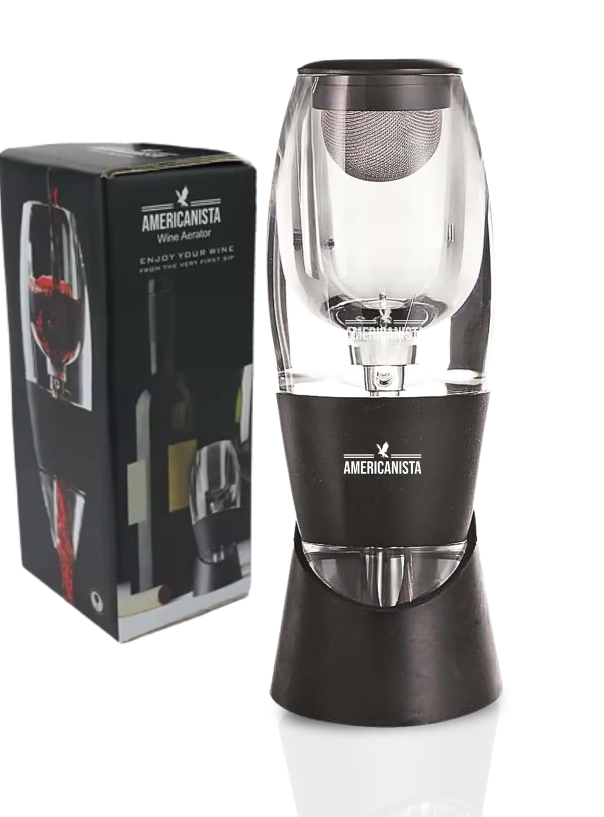 Americanista red wine aerator with bottle pour enhances aroma and balance.