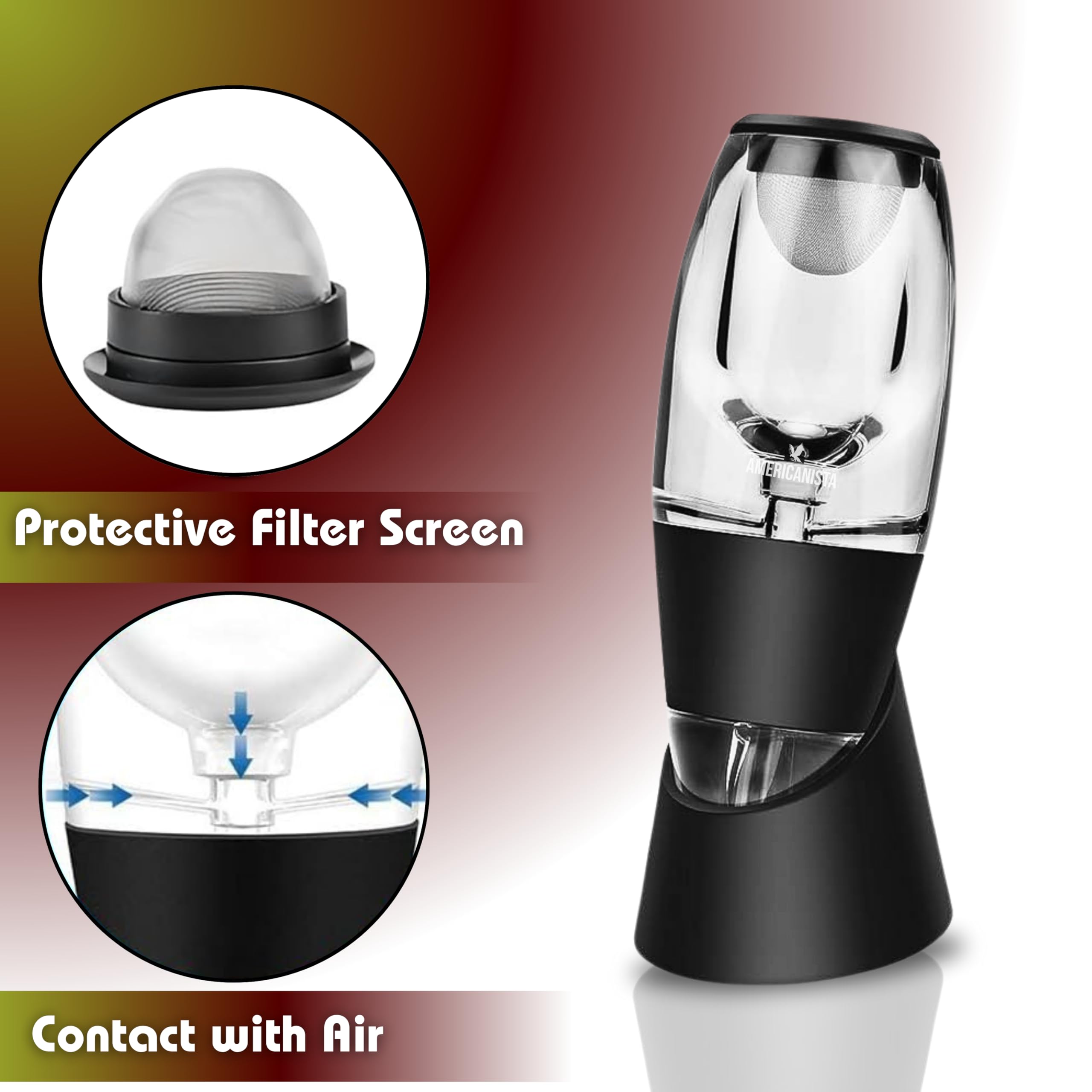 Americanista red wine aerator filter closeup shows built-in filtration for cleaner pours.