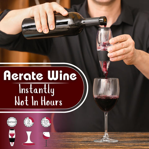 Americanista red wine aerator on stand keeps spout hygienic and ready for elegant service.