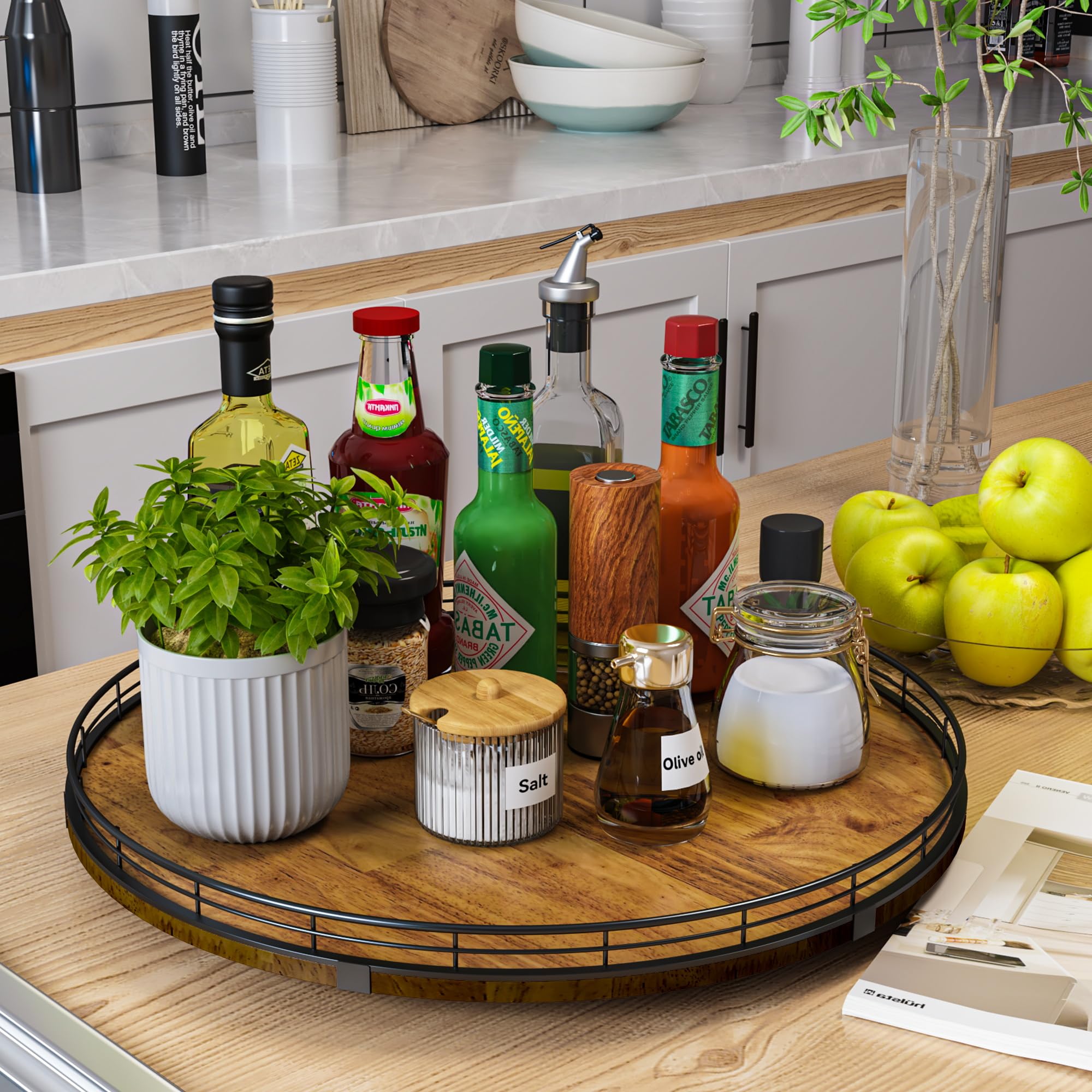 AMH 360° rotating wood Lazy Susan with steel bearings for effortless reach.