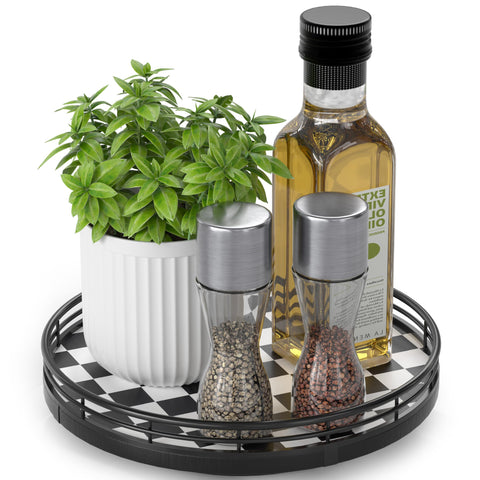 AMH black and white checkered lazy susan base keeps spices organized on countertops