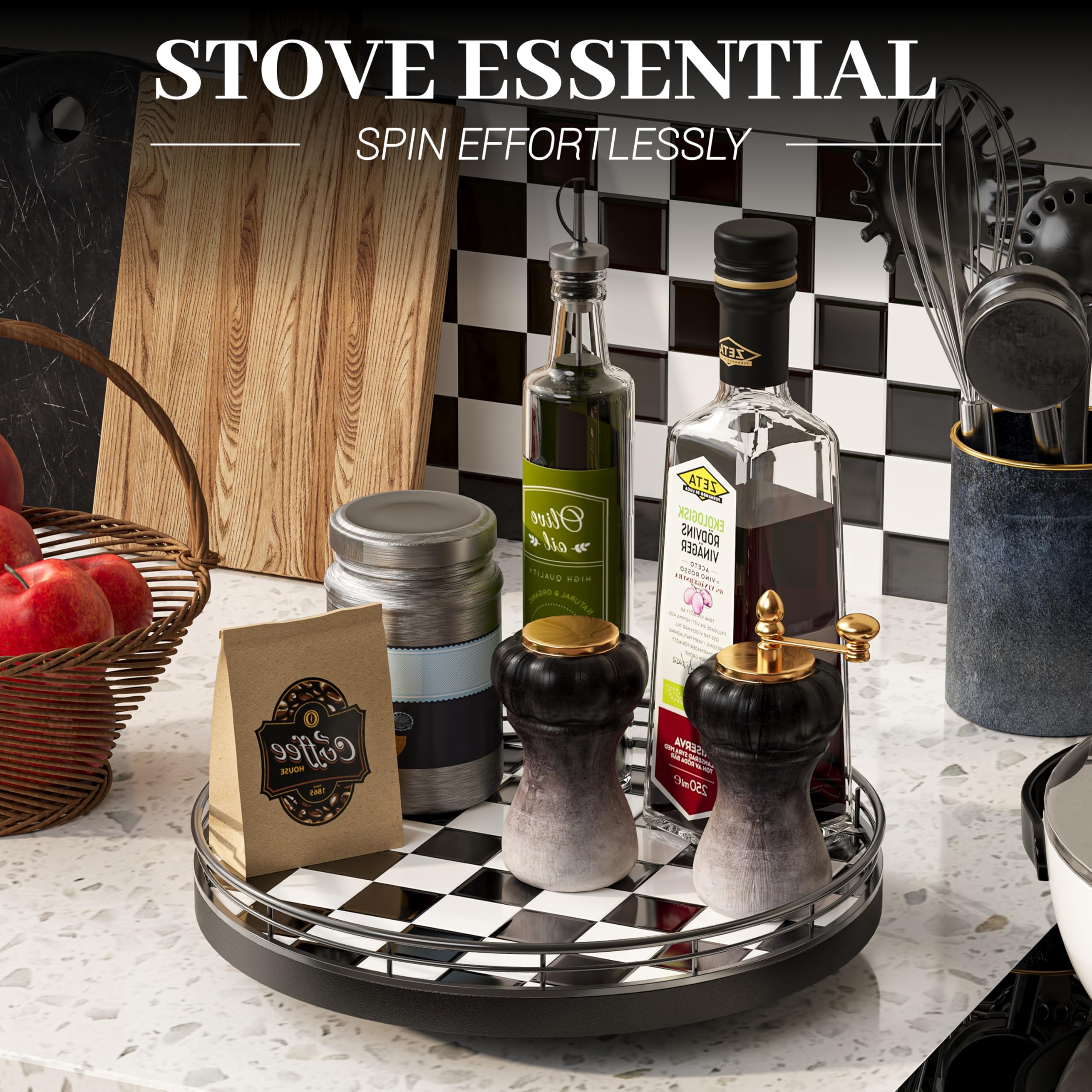 AMH iron-frame lazy Susan on table provides sturdy support