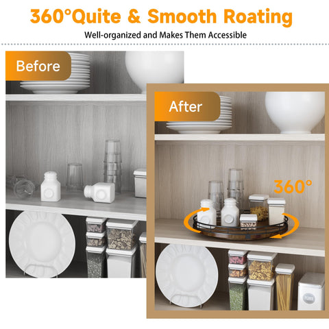 AMH Walnut-toned lazy Susan enhances cabinet organization and visibility.