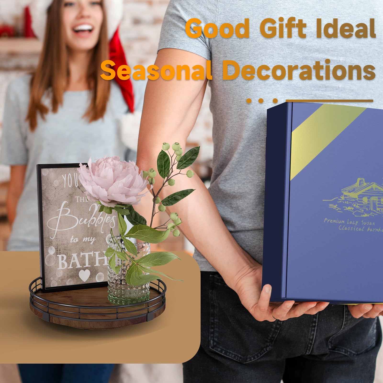 AMH designed-in-USA oak lazy susan, durable centerpiece for gifts
