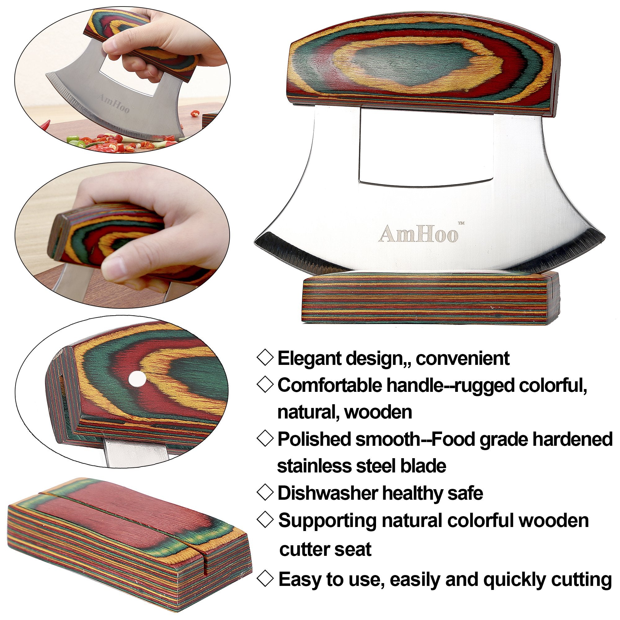 AmHoo pizza cutter with ergonomic wood grip for comfortable long use.