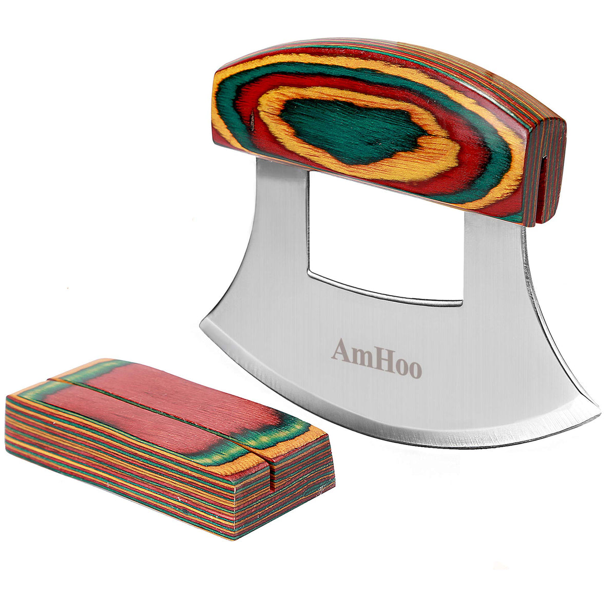 AmHoo pizza cutter rocker with wood holder for easy storage and everyday slicing.