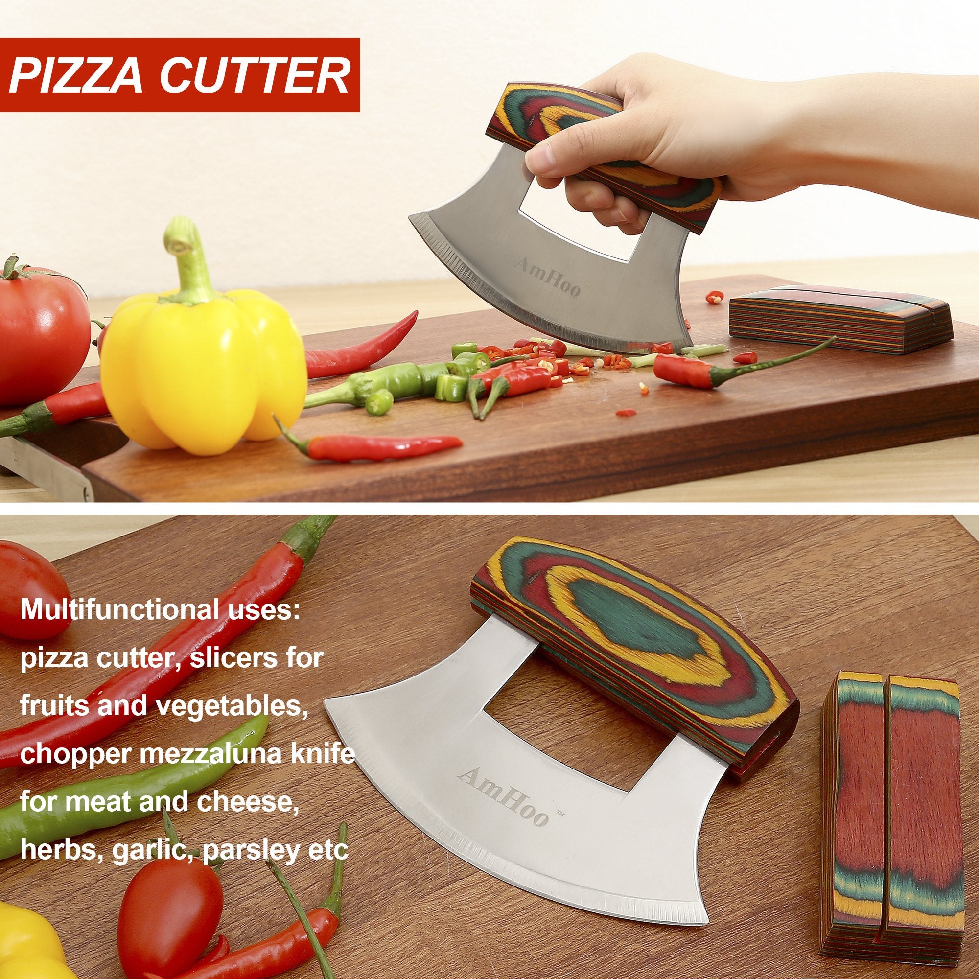 AmHoo sharp stainless blade slices pizza, fruit, and vegetables with ease.