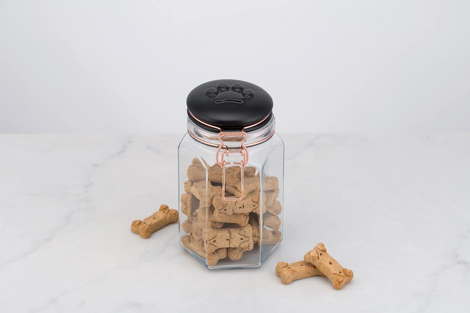 Amici Pet Bernese ceramic black lid with rose-gold clips seals securely